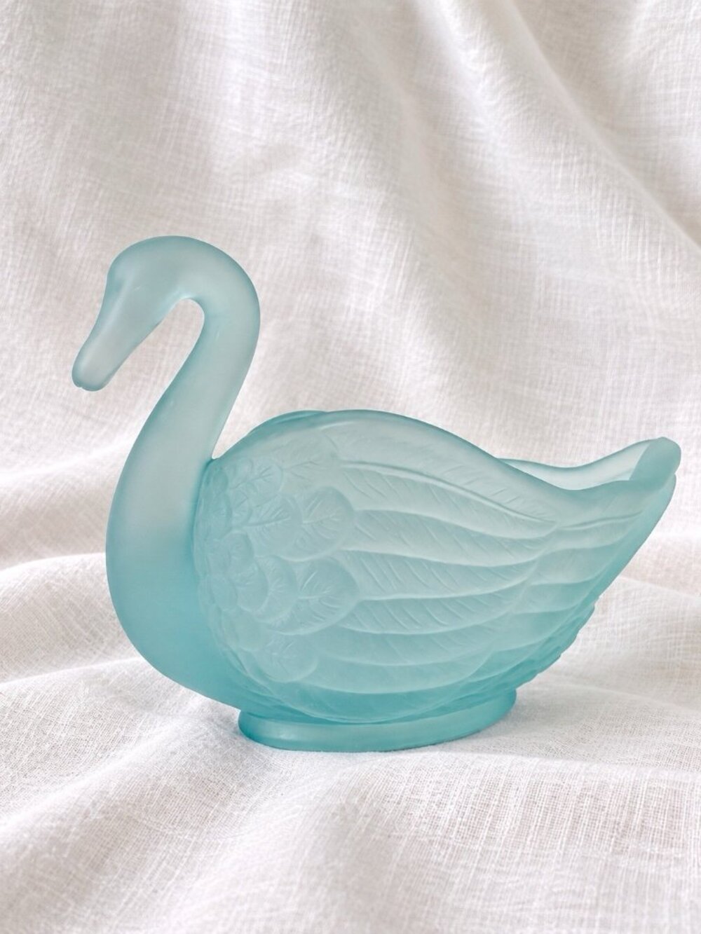 Vintage Aqua Blue Frosted Glass Swan Bowl Dish 5” Decorative Candy Trinket MCM